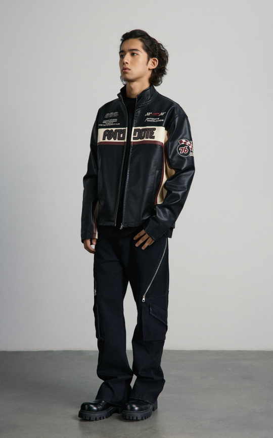 ANTIDOTE Embroidered Label Color Blocked Biker Leather Jacket