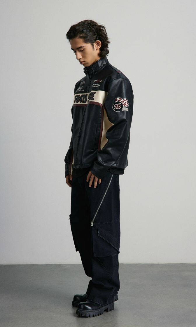 ANTIDOTE Embroidered Label Color Blocked Biker Leather Jacket
