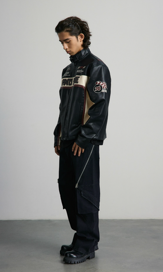 ANTIDOTE Embroidered Label Color Blocked Biker Leather Jacket