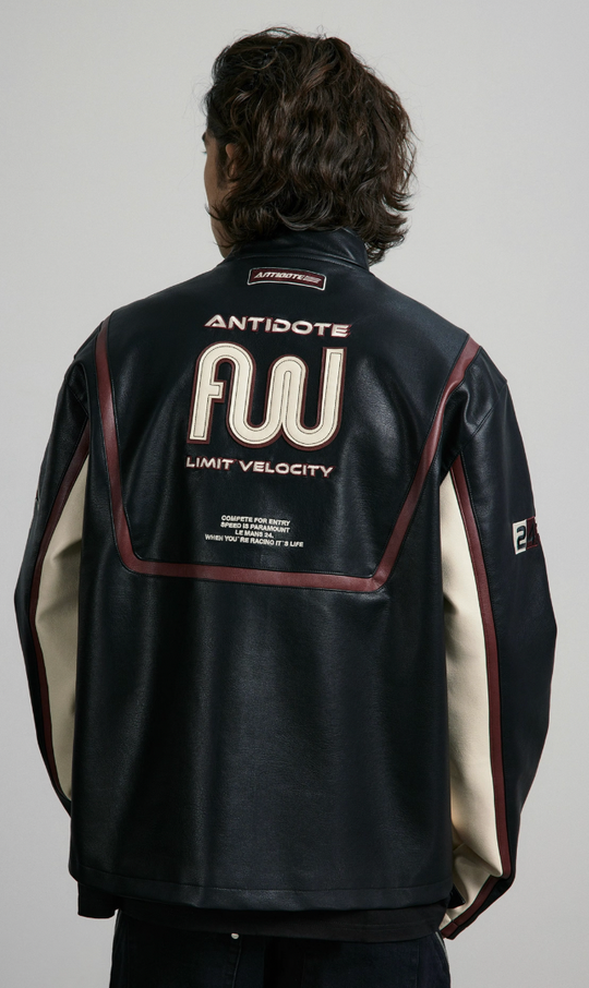 ANTIDOTE Embroidered Label Color Blocked Biker Leather Jacket