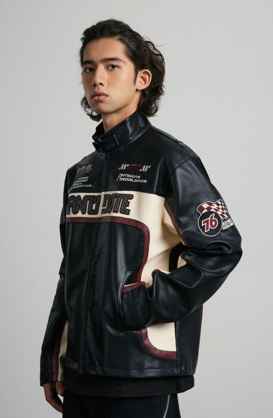 ANTIDOTE Embroidered Label Color Blocked Biker Leather Jacket