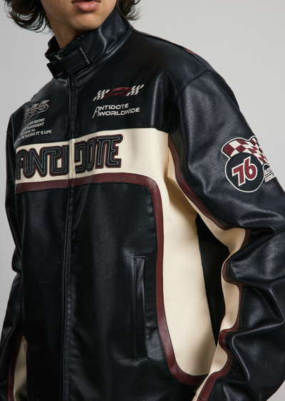 ANTIDOTE Embroidered Label Color Blocked Biker Leather Jacket