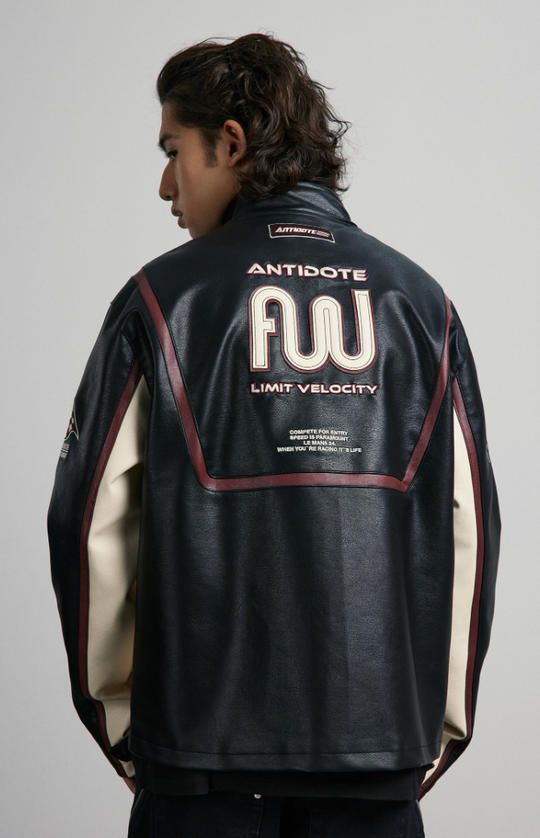 ANTIDOTE Embroidered Label Color Blocked Biker Leather Jacket