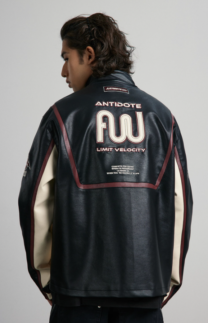 ANTIDOTE Embroidered Label Color Blocked Biker Leather Jacket