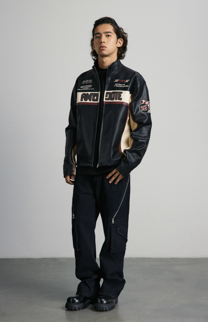 ANTIDOTE Embroidered Label Color Blocked Biker Leather Jacket