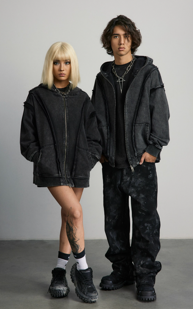 ANTIDOTE Deconstructed Raw Edge Washed Zipper Hoodie