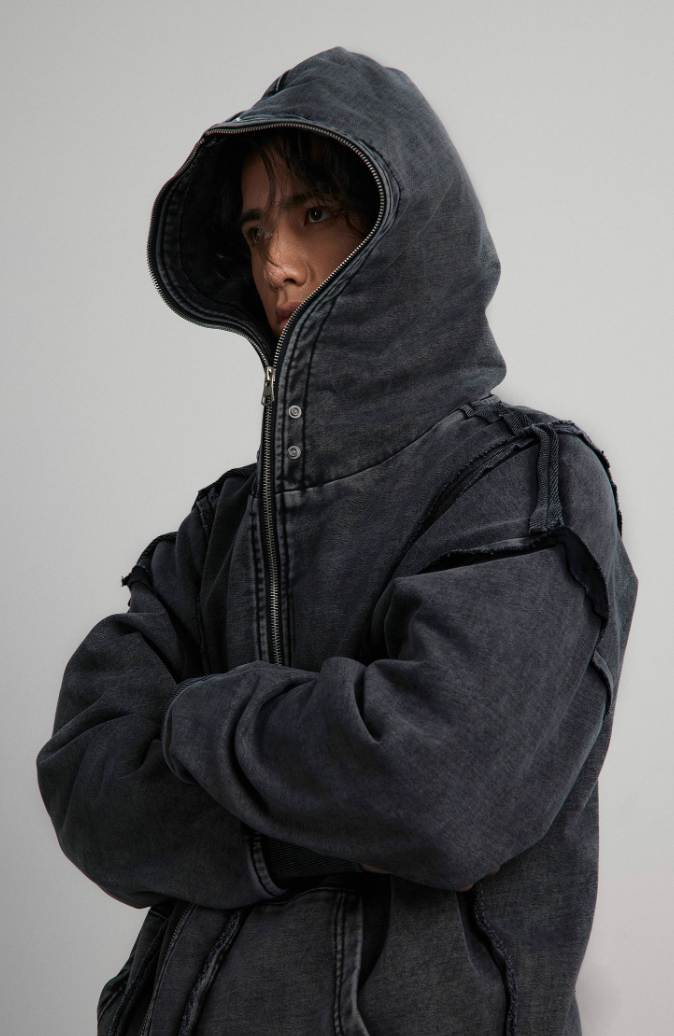 ANTIDOTE Deconstructed Raw Edge Washed Zipper Hoodie