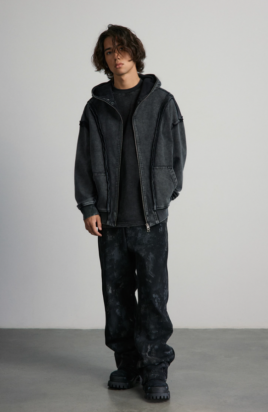 ANTIDOTE Deconstructed Raw Edge Washed Zipper Hoodie