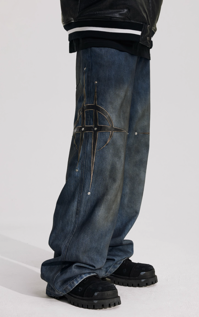 ANTIDOTE Leather Studded Denim Pants