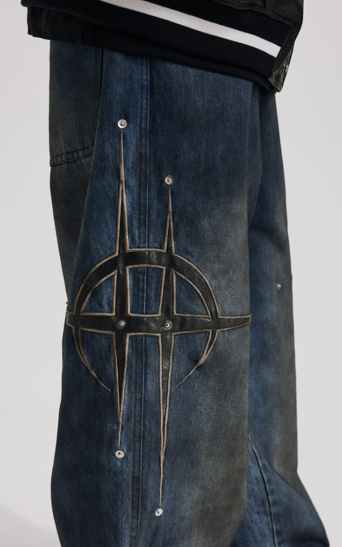 ANTIDOTE Leather Studded Denim Pants