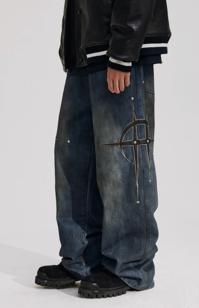ANTIDOTE Leather Studded Denim Pants