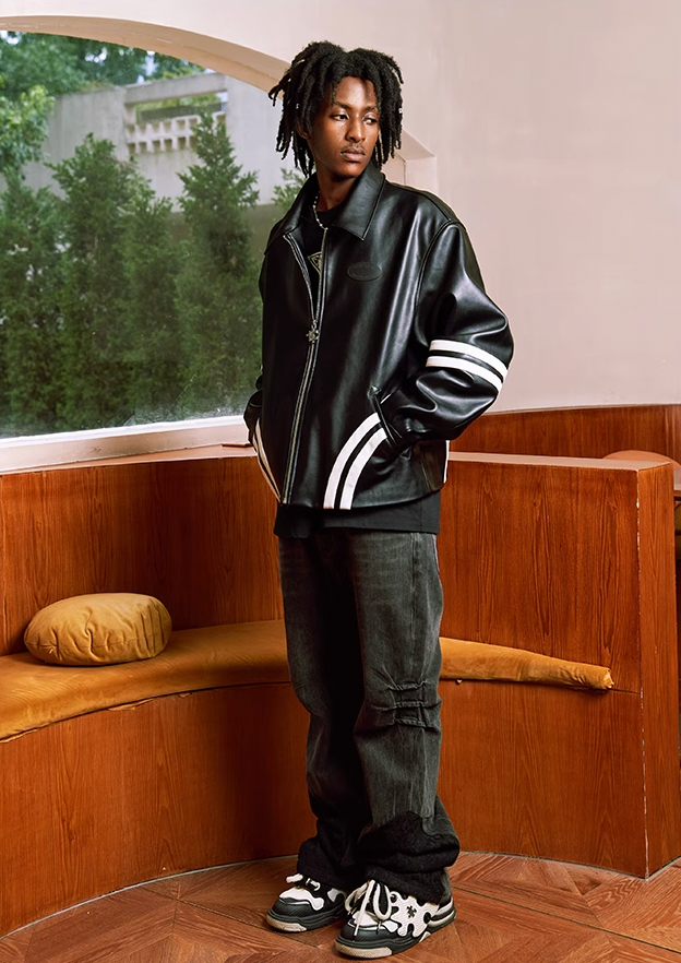 YADcrew Patchwork PU Leather Biker Jacket