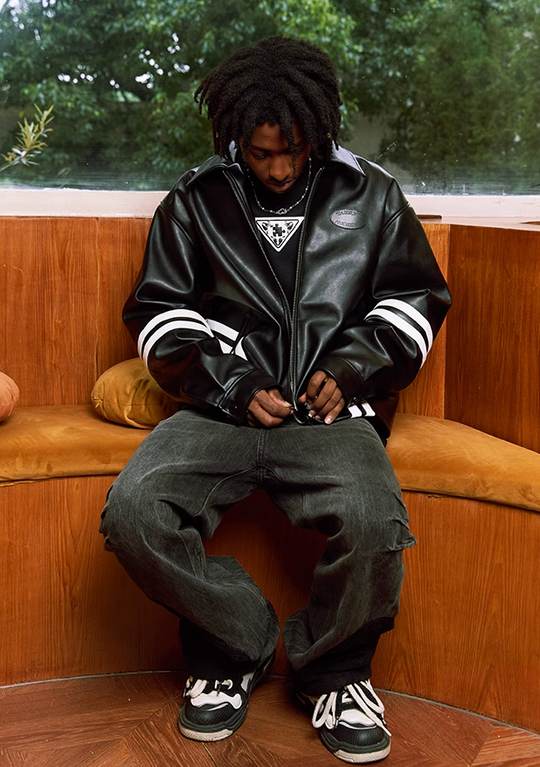 YADcrew Patchwork PU Leather Biker Jacket