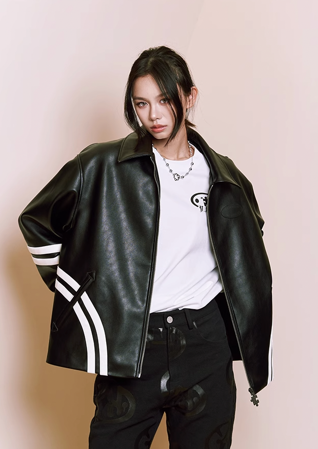 YADcrew Patchwork PU Leather Biker Jacket