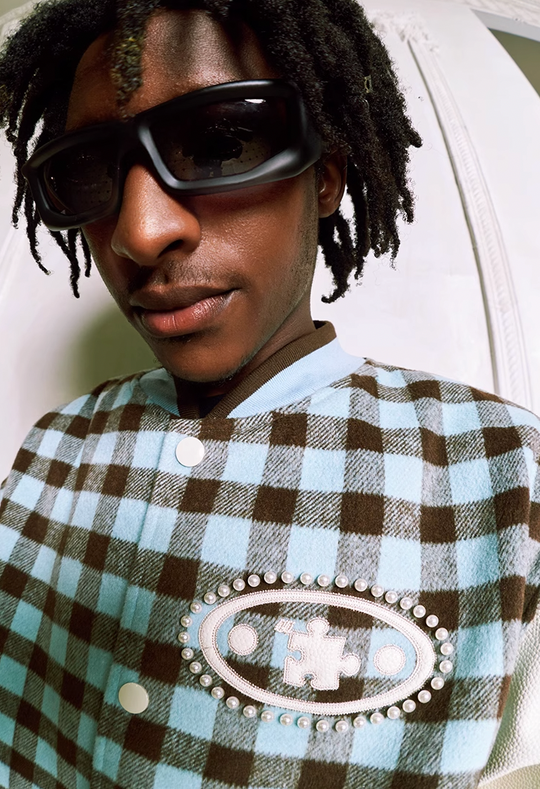 YADcrew Oval Jigsaw Pearl Embroidered Checkerboard Baseball Jacket