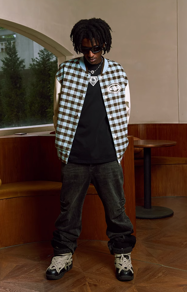 YADcrew Oval Jigsaw Pearl Embroidered Checkerboard Baseball Jacket