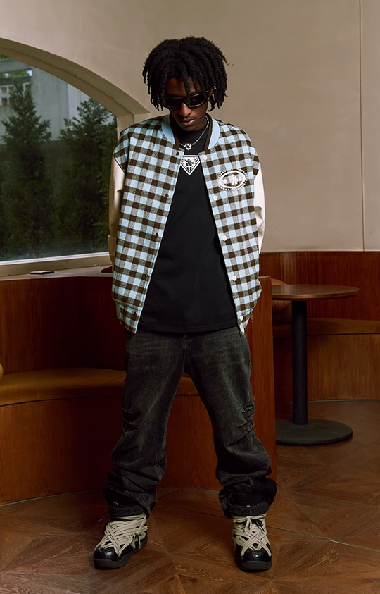 YADcrew Oval Jigsaw Pearl Embroidered Checkerboard Baseball Jacket