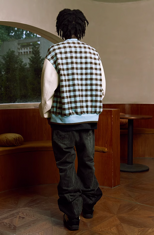 YADcrew Oval Jigsaw Pearl Embroidered Checkerboard Baseball Jacket