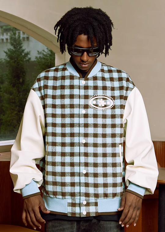 YADcrew Oval Jigsaw Pearl Embroidered Checkerboard Baseball Jacket