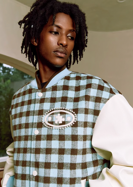YADcrew Oval Jigsaw Pearl Embroidered Checkerboard Baseball Jacket
