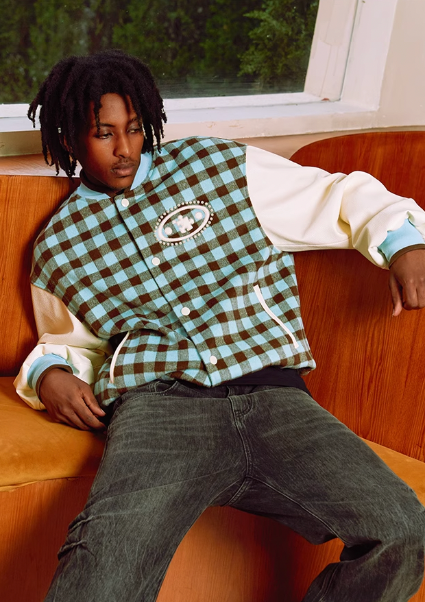 YADcrew Oval Jigsaw Pearl Embroidered Checkerboard Baseball Jacket