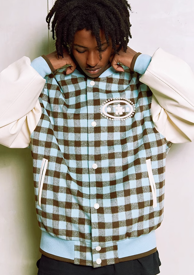 YADcrew Oval Jigsaw Pearl Embroidered Checkerboard Baseball Jacket