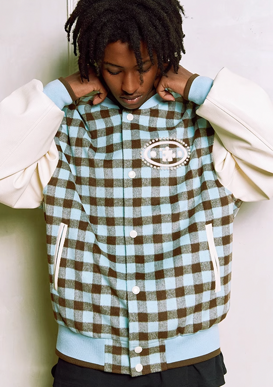 YADcrew Oval Jigsaw Pearl Embroidered Checkerboard Baseball Jacket