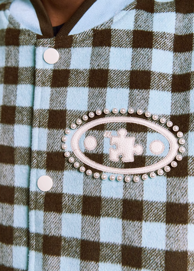 YADcrew Oval Jigsaw Pearl Embroidered Checkerboard Baseball Jacket