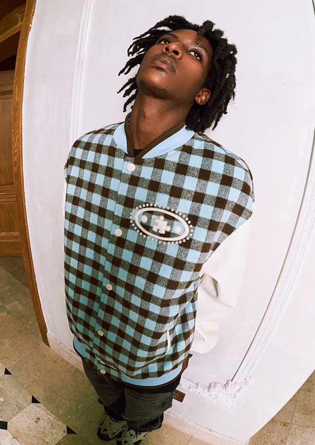 YADcrew Oval Jigsaw Pearl Embroidered Checkerboard Baseball Jacket