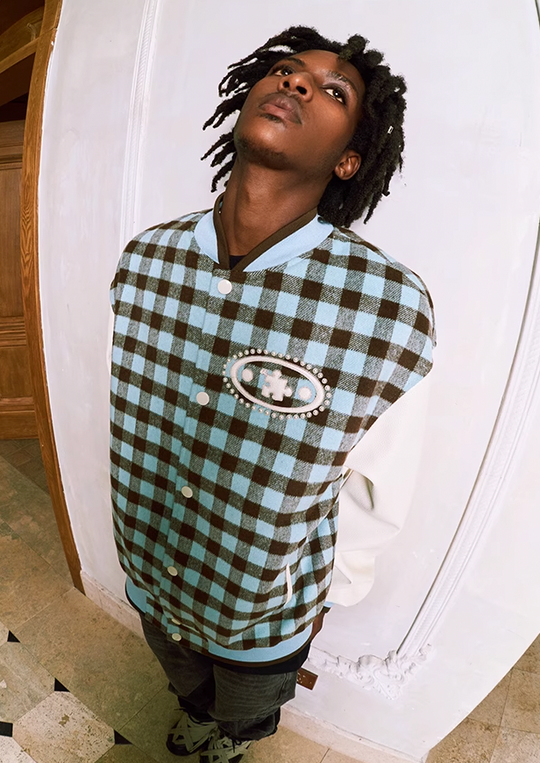 YADcrew Oval Jigsaw Pearl Embroidered Checkerboard Baseball Jacket