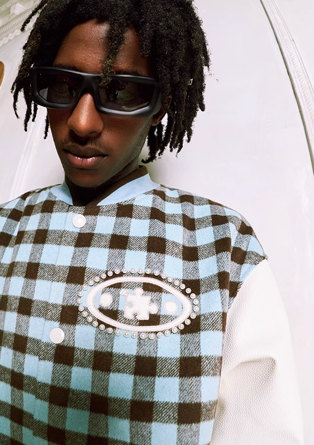 YADcrew Oval Jigsaw Pearl Embroidered Checkerboard Baseball Jacket