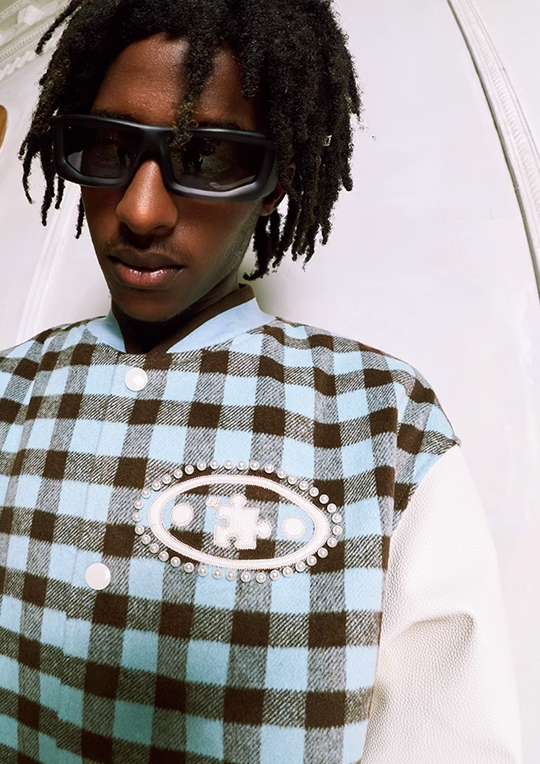 YADcrew Oval Jigsaw Pearl Embroidered Checkerboard Baseball Jacket