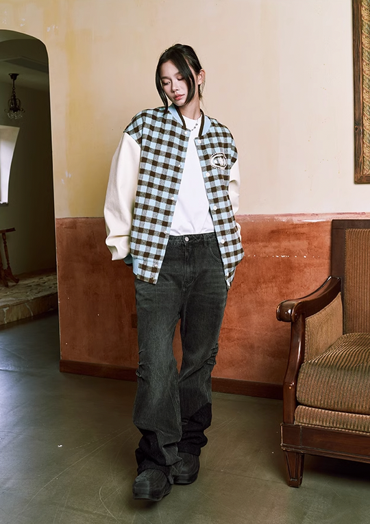 YADcrew Oval Jigsaw Pearl Embroidered Checkerboard Baseball Jacket