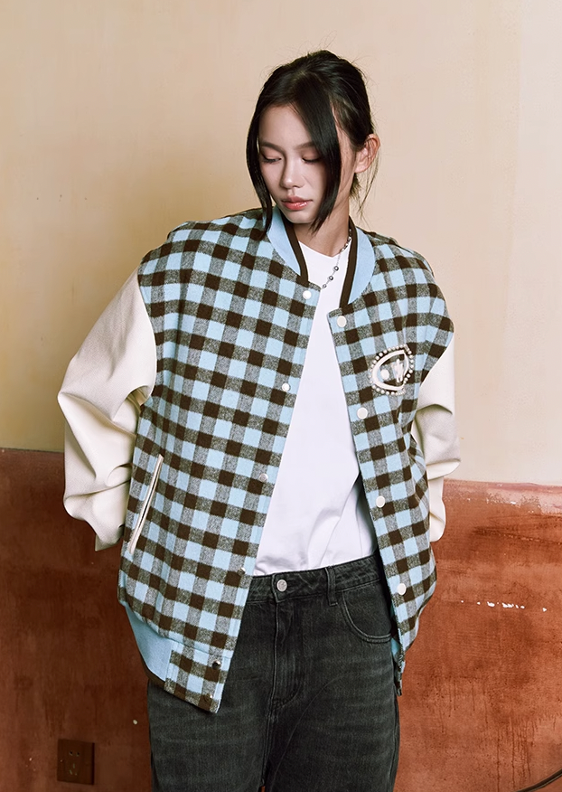 YADcrew Oval Jigsaw Pearl Embroidered Checkerboard Baseball Jacket
