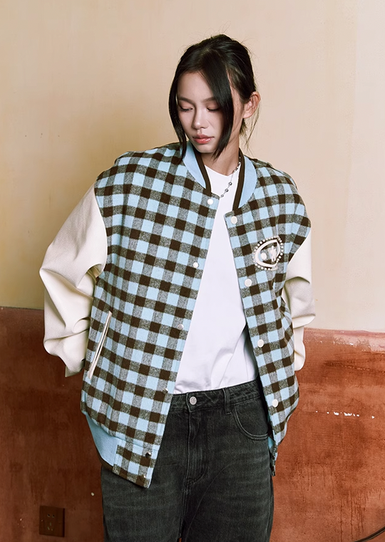 YADcrew Oval Jigsaw Pearl Embroidered Checkerboard Baseball Jacket
