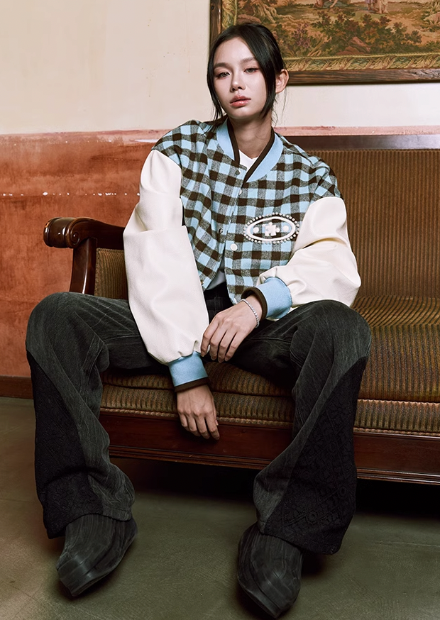 YADcrew Oval Jigsaw Pearl Embroidered Checkerboard Baseball Jacket