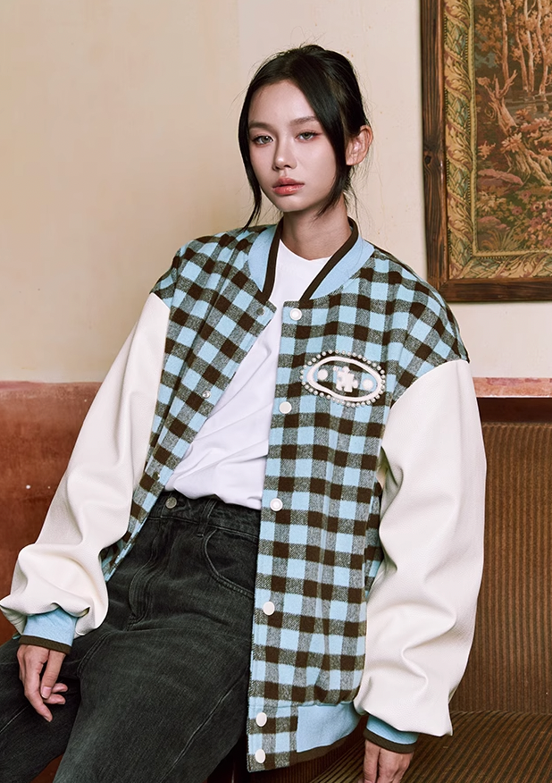 YADcrew Oval Jigsaw Pearl Embroidered Checkerboard Baseball Jacket