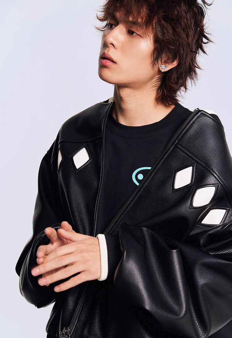 YADcrew Diamond Color Clash Leather Baseball Jacket