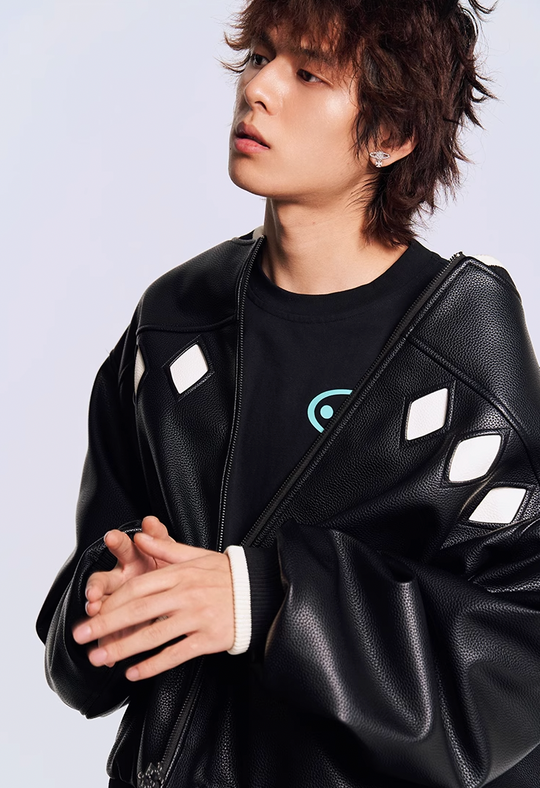 YADcrew Diamond Color Clash Leather Baseball Jacket