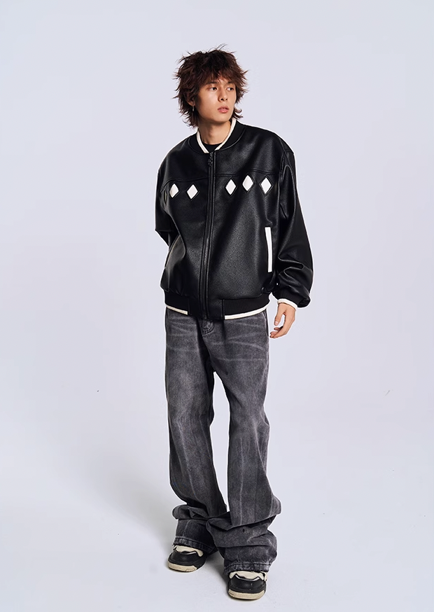 YADcrew Diamond Color Clash Leather Baseball Jacket