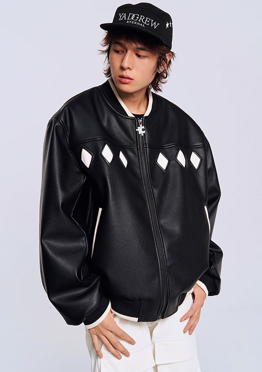 YADcrew Diamond Color Clash Leather Baseball Jacket