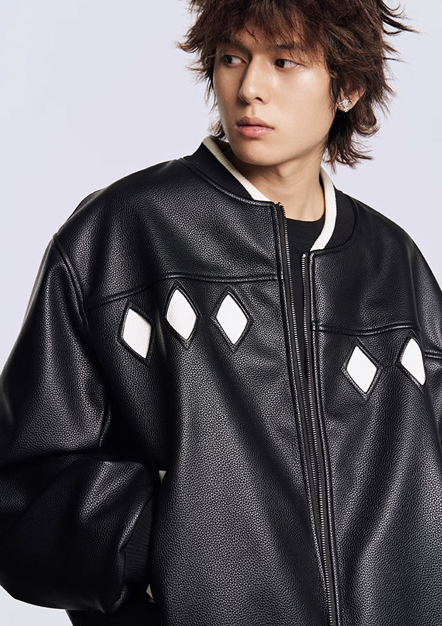 YADcrew Diamond Color Clash Leather Baseball Jacket