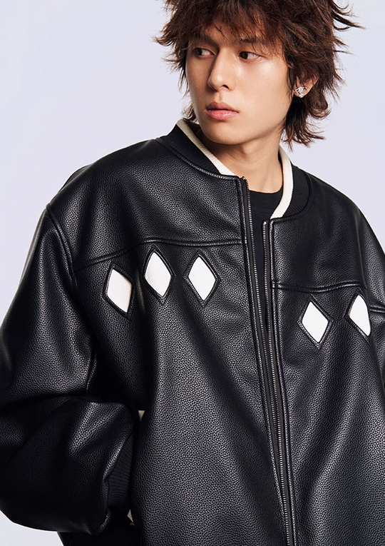 YADcrew Diamond Color Clash Leather Baseball Jacket