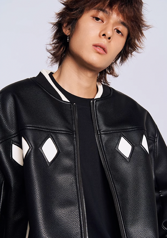 YADcrew Diamond Color Clash Leather Baseball Jacket