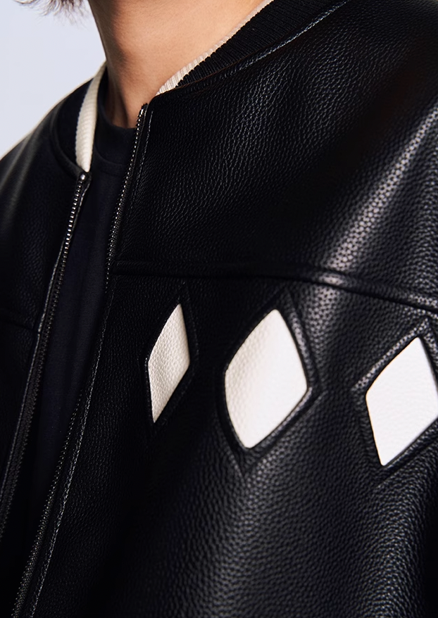 YADcrew Diamond Color Clash Leather Baseball Jacket