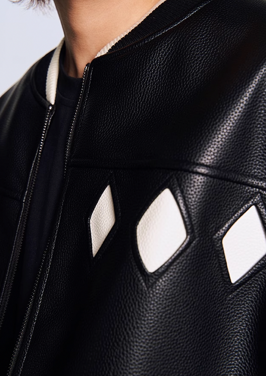 YADcrew Diamond Color Clash Leather Baseball Jacket