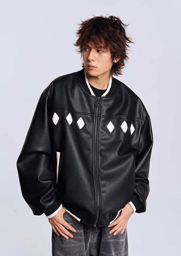 YADcrew Diamond Color Clash Leather Baseball Jacket
