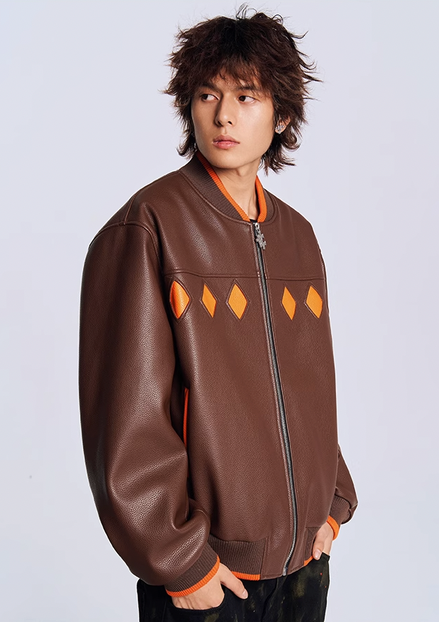 YADcrew Diamond Color Clash Leather Baseball Jacket