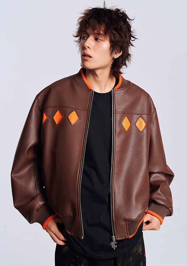 YADcrew Diamond Color Clash Leather Baseball Jacket