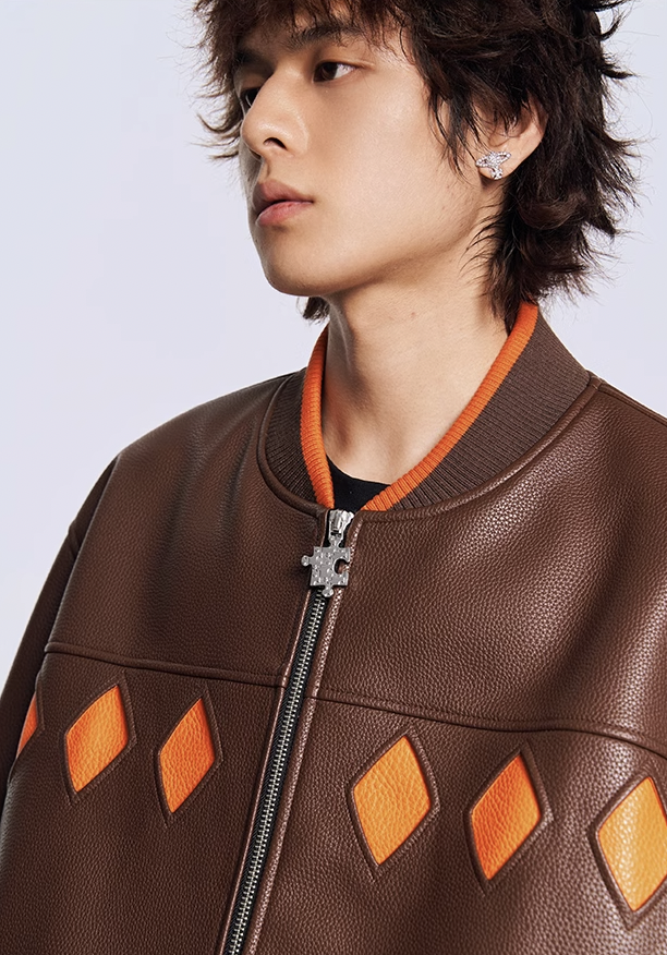 YADcrew Diamond Color Clash Leather Baseball Jacket